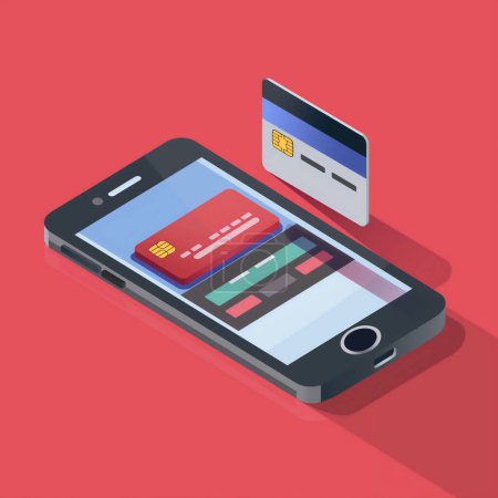 Illustration d'un smartphone avec application de carte de crédit numérique et carte de crédit physique sur fond rouge, symbolisant les paiements en ligne.