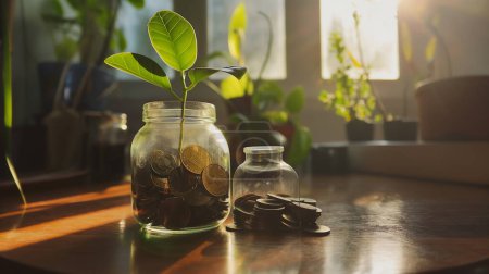 Glas gefüllt mit Münzen und einer wachsenden Pflanze im Inneren, die finanzielles Wachstum und Ersparnisse symbolisiert, in einem sonnenbeschienenen Raum mit Pflanzen.