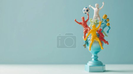 Colorful sports trophy with various athletes, including soccer and basketball, on a light blue background.