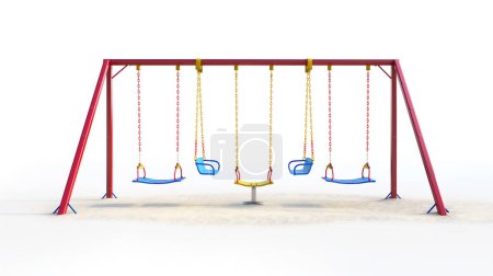Empty colorful swing set on a sandy playground, featuring red, yellow, and blue swings against a white background.