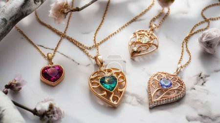Elegant gold heart-shaped pendants with colorful gemstones on delicate chains, arranged on a marble surface.