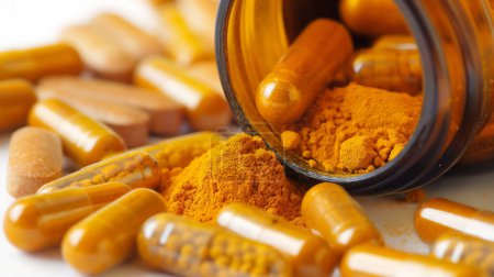 Spilled bottle of turmeric capsules and powder, highlighting the vibrant orange color and health supplement.