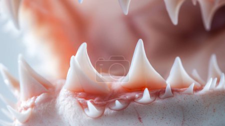 Foto de Primer plano de afilados dientes de tiburón blanco engarzados en encías rosadas, destacando sus bordes afilados y dentados. - Imagen libre de derechos