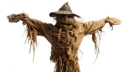 Traditional scarecrow with a burlap sack face, tattered clothes, and straw stuffing, arms outstretched against a white background.