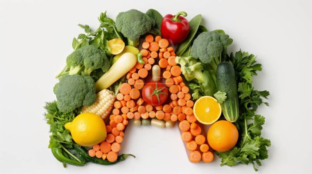 Concept de vitamine A avec divers fruits et légumes disposés en forme de "A", avec carottes, brocoli et agrumes.