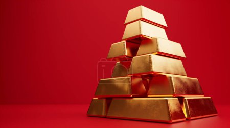 Pyramide de lingots d'or sur fond rouge, mettant en valeur la richesse, le luxe et l'opulence.
