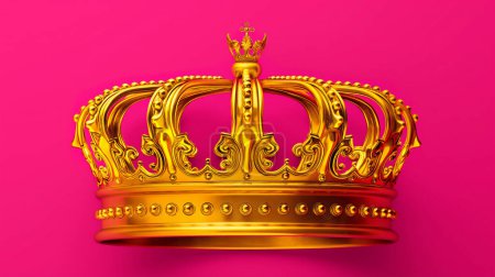 Golden ornate crown on a vibrant pink background, symbolizing royalty, power, and elegance.