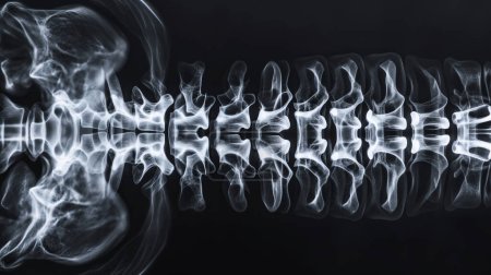Röntgenbild einer menschlichen Wirbelsäule mit detaillierter Wirbelstruktur vor schwarzem Hintergrund, die die Skelettanatomie hervorhebt.