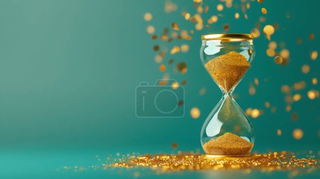 Reloj de arena dorado con arena brillante que fluye sobre un fondo turquesa, simbolizando el tiempo y el lujo.