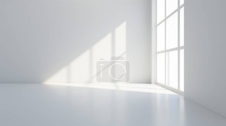 Chambre minimaliste vide avec de grandes fenêtres projetant des ombres géométriques sur les murs blancs et le sol en lumière naturelle vive.