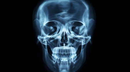 Röntgenbild eines menschlichen Schädels mit detaillierter Knochenstruktur in Blautönen vor schwarzem Hintergrund.