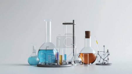Une collection de verrerie de laboratoire avec des liquides bleus et ambrés, des éprouvettes, des béchers et un modèle moléculaire sur fond blanc.