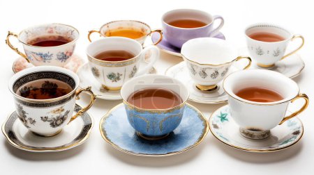 Eine elegante Auswahl an Vintage-Teetassen gefüllt mit Tee, mit verschiedenen floralen Mustern und goldenen Akzenten.