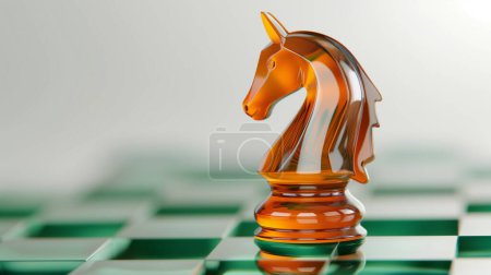 A glossy amber knight chess piece on a reflective green and white chessboard, with a soft focus background.