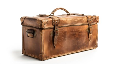 A vintage brown leather suitcase with brass buckles and handles, showing signs of wear and character.