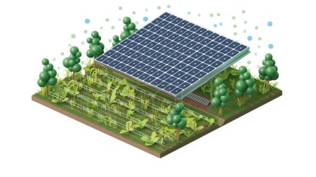 A solar panel array over a lush green garden with plants and trees, illustrating sustainable agriculture and renewable energy.