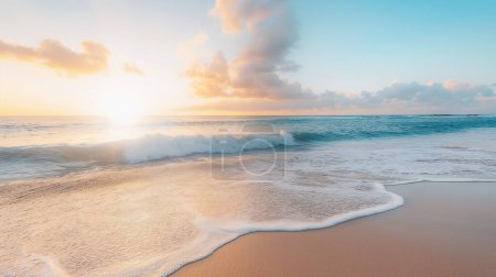 A serene beach scene with gentle waves lapping the shore at sunrise, under a clear sky with scattered clouds.