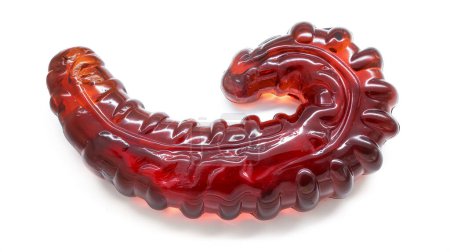 A close-up of a translucent, red, spiral-shaped gummy candy with intricate details on a white background.