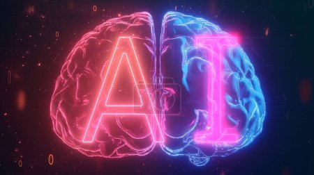 Photo for Neon brain split with "AI" text, one side pink, the other blue, representing artificial intelligence. - Royalty Free Image
