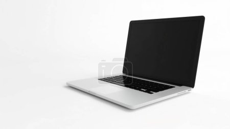 Open laptop with a black screen on a white background, highlighting its sleek design.