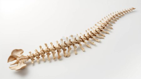 Human spine model lying on a white surface, showcasing detailed vertebrae and natural curvature.
