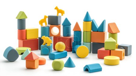 Colorful wooden building blocks and animal figures arranged in playful structures on a white background.
