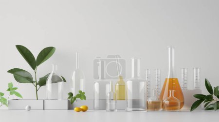 Téléchargez les photos : Flacons de laboratoire en verre avec divers liquides et plantes vertes sur une surface blanche, design minimaliste et propre. - en image libre de droit