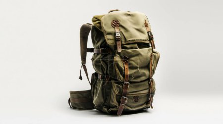 Green canvas backpack with multiple pockets, leather straps, and buckles, designed for hiking and outdoor adventures.