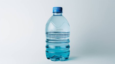 A clear plastic water bottle with a blue cap, filled with water, against a plain white background.