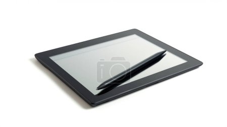Photo for A black digital tablet with a stylus pen resting on its screen, set against a plain white background. - Royalty Free Image