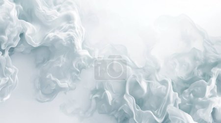 Soft, flowing white and pale blue abstract shapes, resembling clouds or smoke, creating a dreamy and ethereal effect.