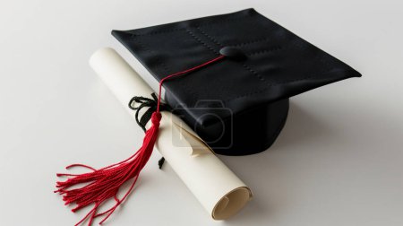 Eine schwarze Abschlussmütze mit roter Quaste neben einem zusammengerollten Diplom mit schwarzer Schleife auf weißem Hintergrund.