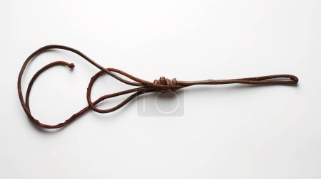 A rusted, twisted piece of metal wire forming a loop, lying on a white surface, showcasing decay and texture.