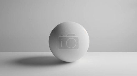 Eine perfekt runde, glatte weiße Kugel ruht auf einer ebenen Oberfläche mit weicher Beleuchtung und wirft einen subtilen Schatten.