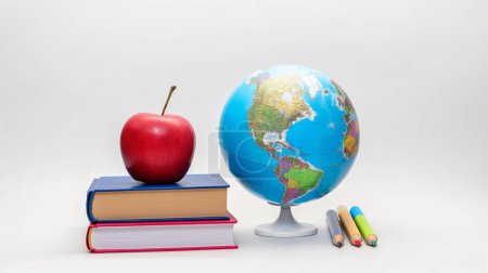 A red apple on stacked books next to a globe and colorful markers, symbolizing education and learning.