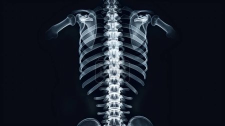 X-ray image of a human ribcage and spine on a dark background, showcasing skeletal structure and detail.