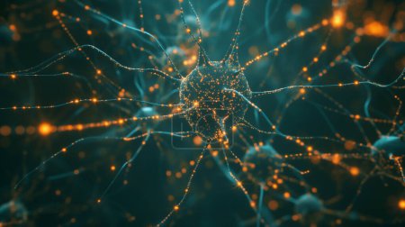 Photo for A detailed neural network illustration with glowing orange synapses and interconnected nodes on a dark background. - Royalty Free Image