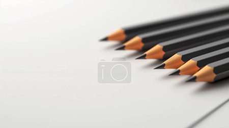 Nahaufnahme von geschärften schwarzen Bleistiften, die sauber auf weißem Papier ausgerichtet sind und subtile Schatten werfen.