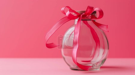 Empty glass jar with a cork lid, adorned with a pink ribbon, set against a matching pink background.