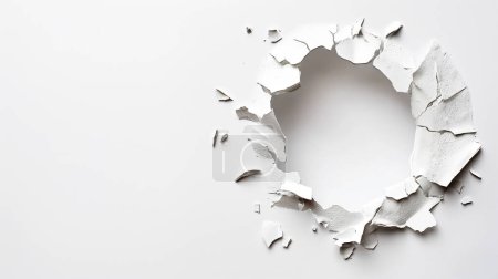 Un grand trou fissuré dans un mur blanc avec des fragments et des débris éparpillés autour de l'ouverture.