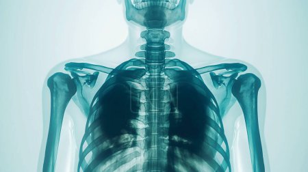 Röntgenbild des Oberkörpers, zeigt die Skelettstruktur des Brustkorbs, der Wirbelsäule, der Schultern und des Schlüsselbeins.