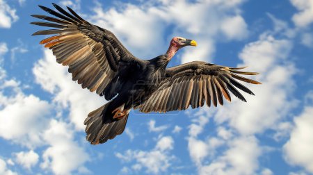 Un condor californien s'élève majestueusement sur fond de ciel bleu et de nuages épars, les ailes complètement étendues.