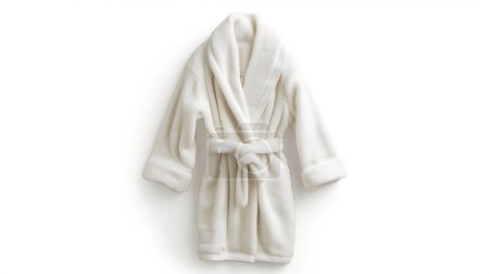 Ein flauschiger weißer Bademantel mit Schalkragen und gebundenem Gürtel, der vor einem schlichten weißen Hintergrund hängt.
