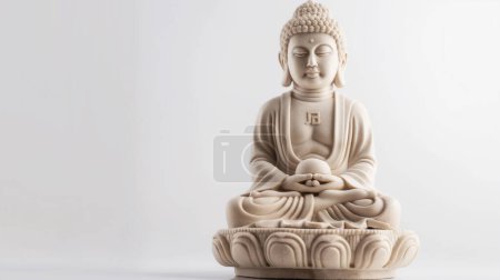 Eine ruhige Buddha-Statue in meditativer Pose, aus hellem Stein, vor einem schlichten weißen Hintergrund.