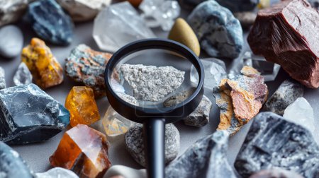 Magnifying glass focusing on a rough white rock amidst a variety of colorful minerals and stones on a gray surface.