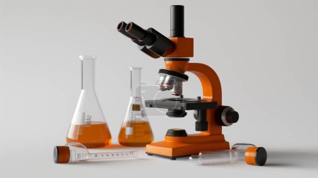 Microscopio naranja con matraces de laboratorio y tubos de ensayo llenos de líquido ámbar sobre un fondo blanco y limpio.