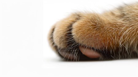 Primer plano de la pata peluda de un gato descansando sobre una superficie blanca, mostrando detalles finos de la piel y las garras.