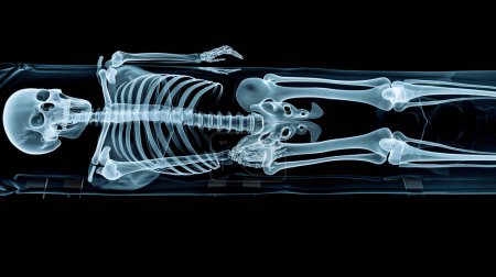 Röntgenbild eines liegenden menschlichen Skeletts, das detaillierte Knochen und Gelenke vor schwarzem Hintergrund zeigt.