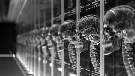 Row of X-ray scans showing human skulls and spines in black and white, creating a futuristic and scientific atmosphere.