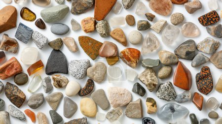 A variety of colorful rocks and minerals displayed on a white background, showcasing different shapes, sizes, and textures.